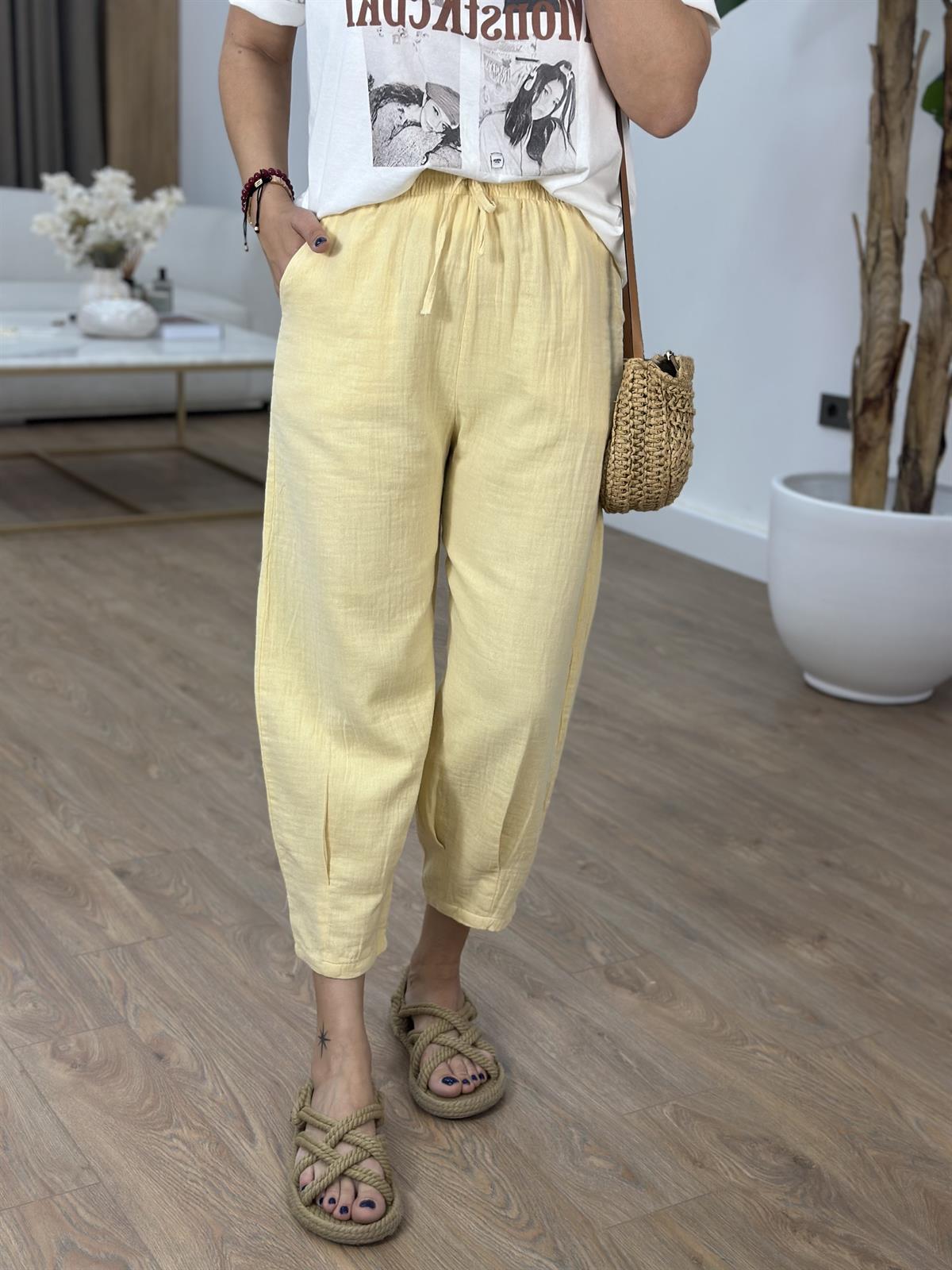 Paçası Pilili Müslin Pantolon - Sarı