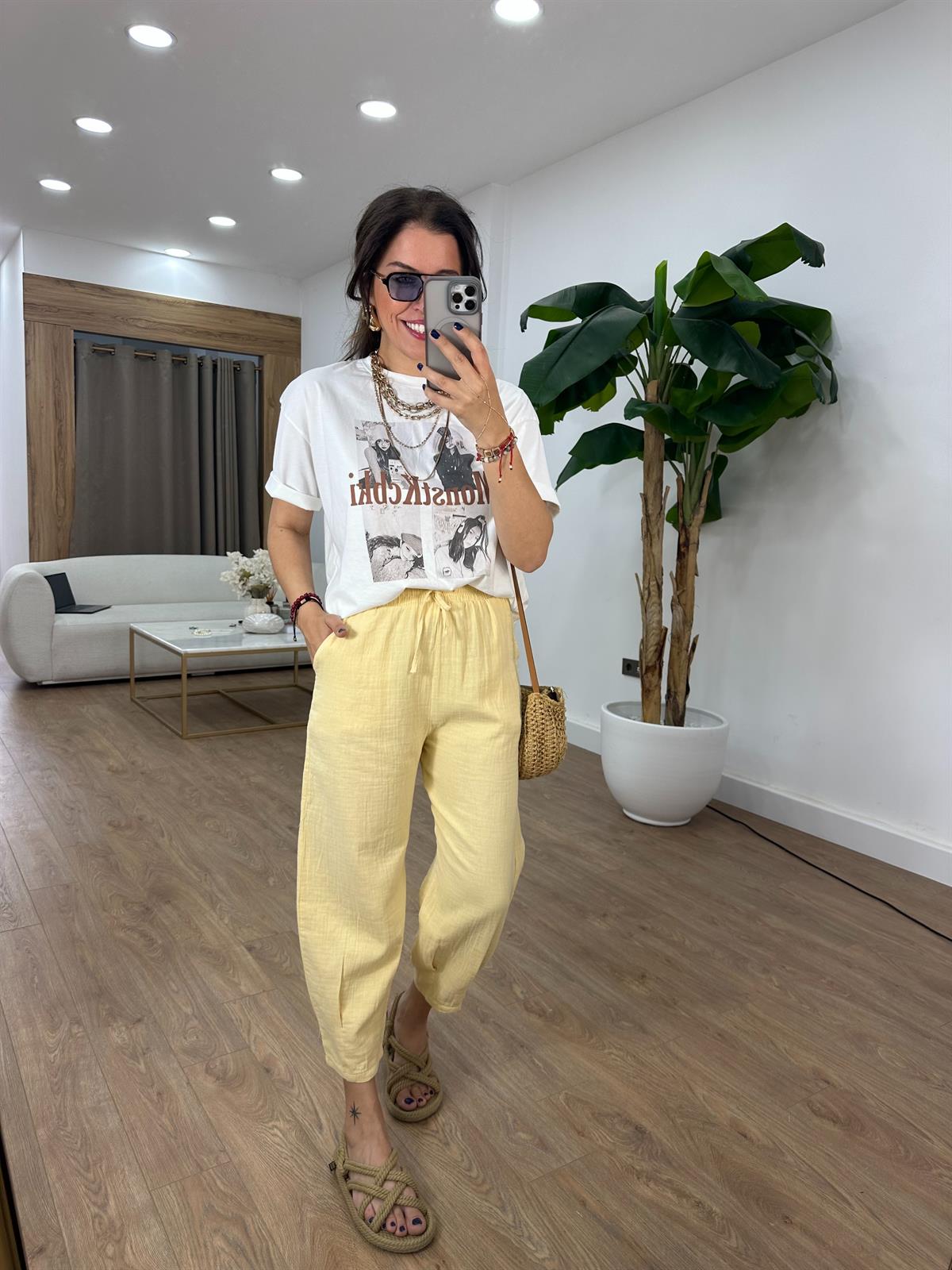 Paçası Pilili Müslin Pantolon - Sarı