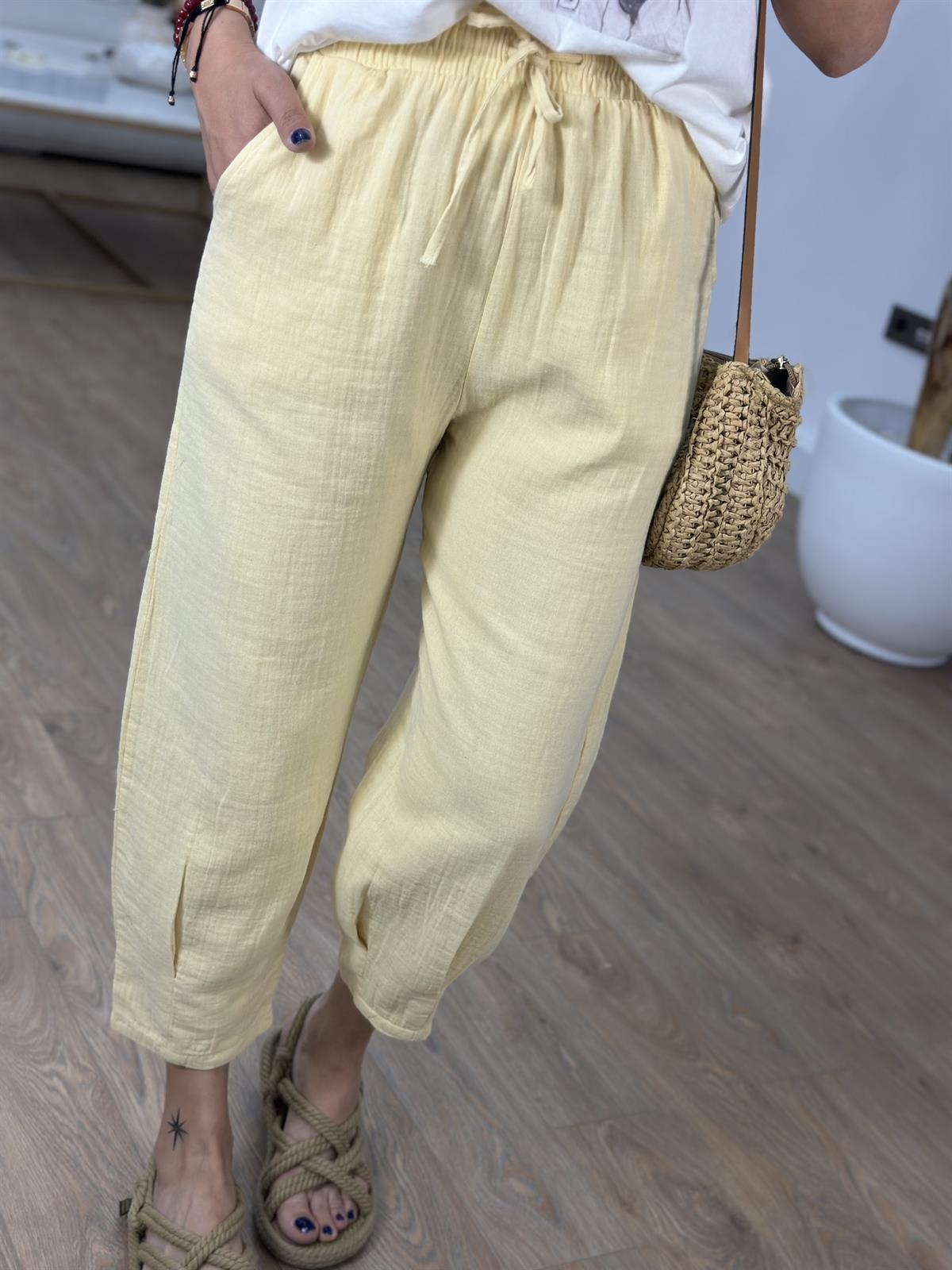 Paçası Pilili Müslin Pantolon - Sarı