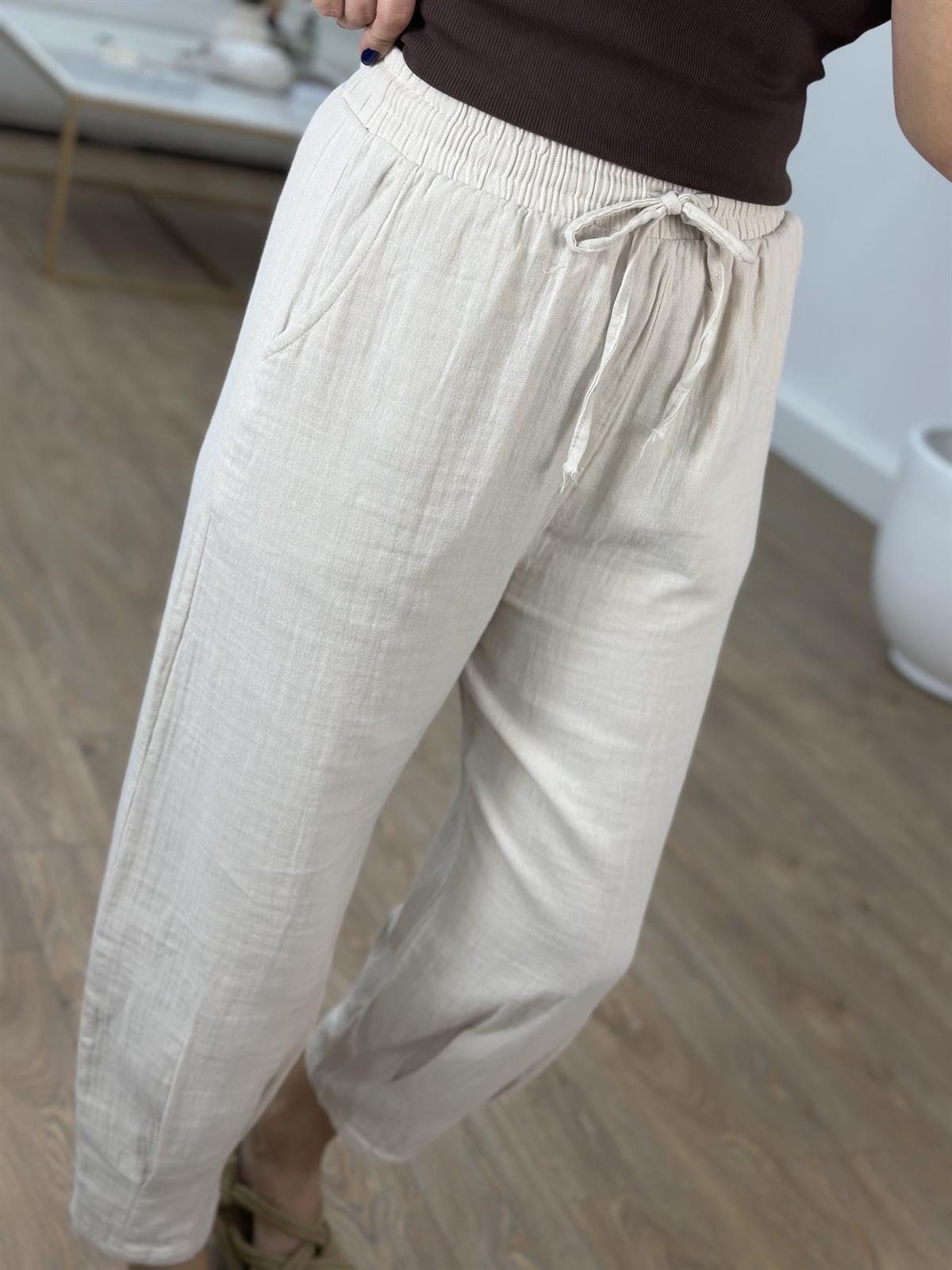 Paçası Pilili Müslin Pantolon - Taş