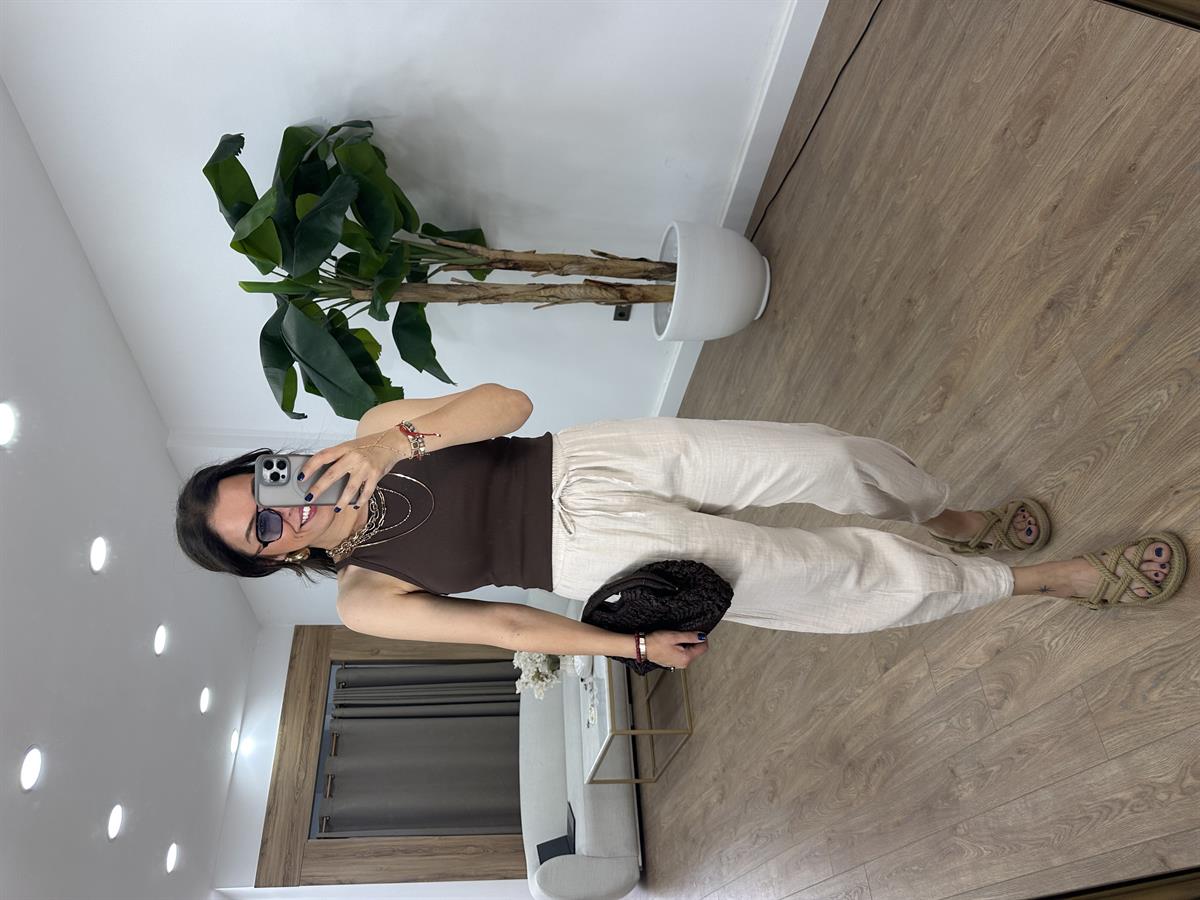 Paçası Pilili Müslin Pantolon - Taş