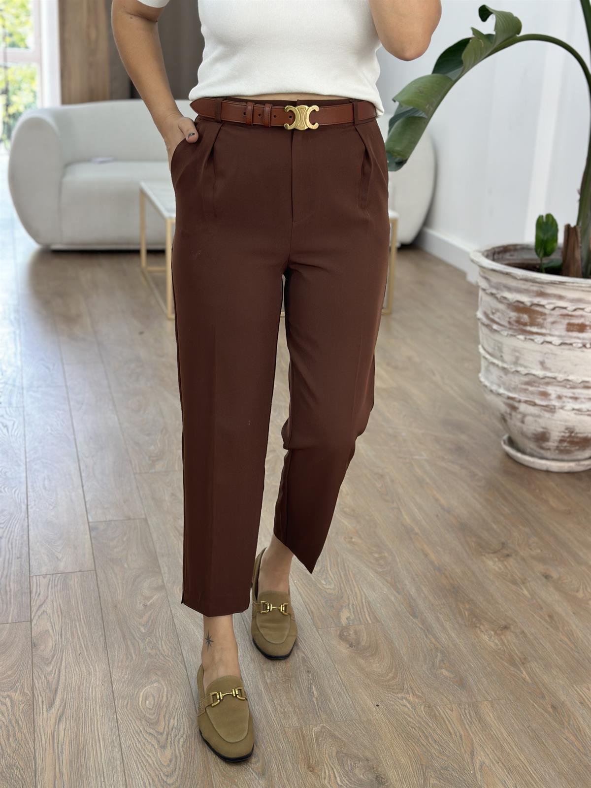 Paçası Yırtmaçlı Likralı Havuç Pantolon - Kahverengi