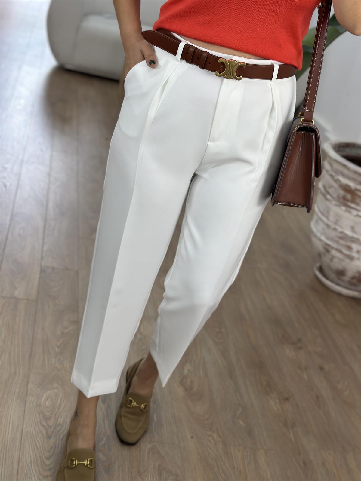 Paçası Yırtmaçlı Likralı Havuç Pantolon -Beyaz