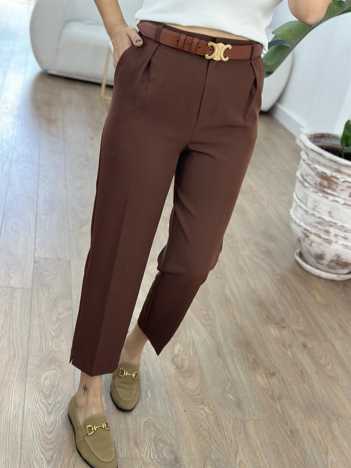 Paçası Yırtmaçlı Likralı Havuç Pantolon - Kahverengi