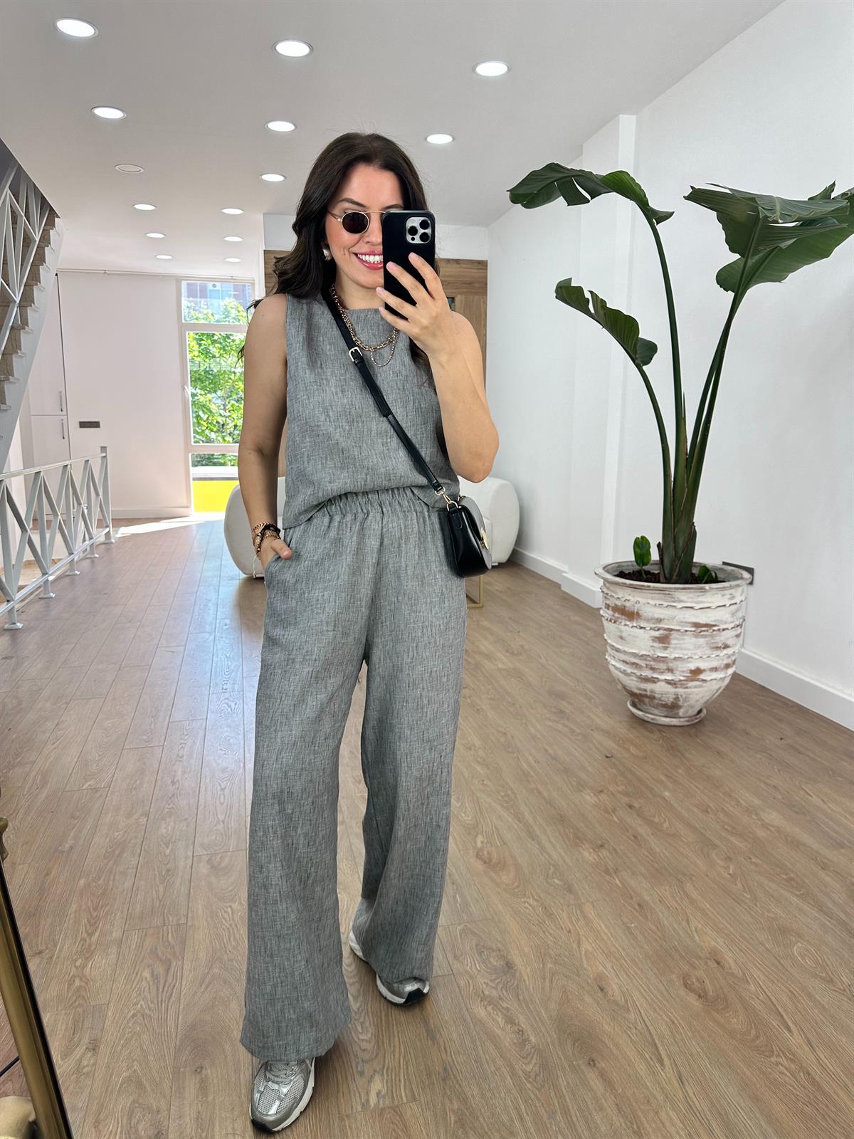 Palazzo Pantolonlu Keten Takım-Gri