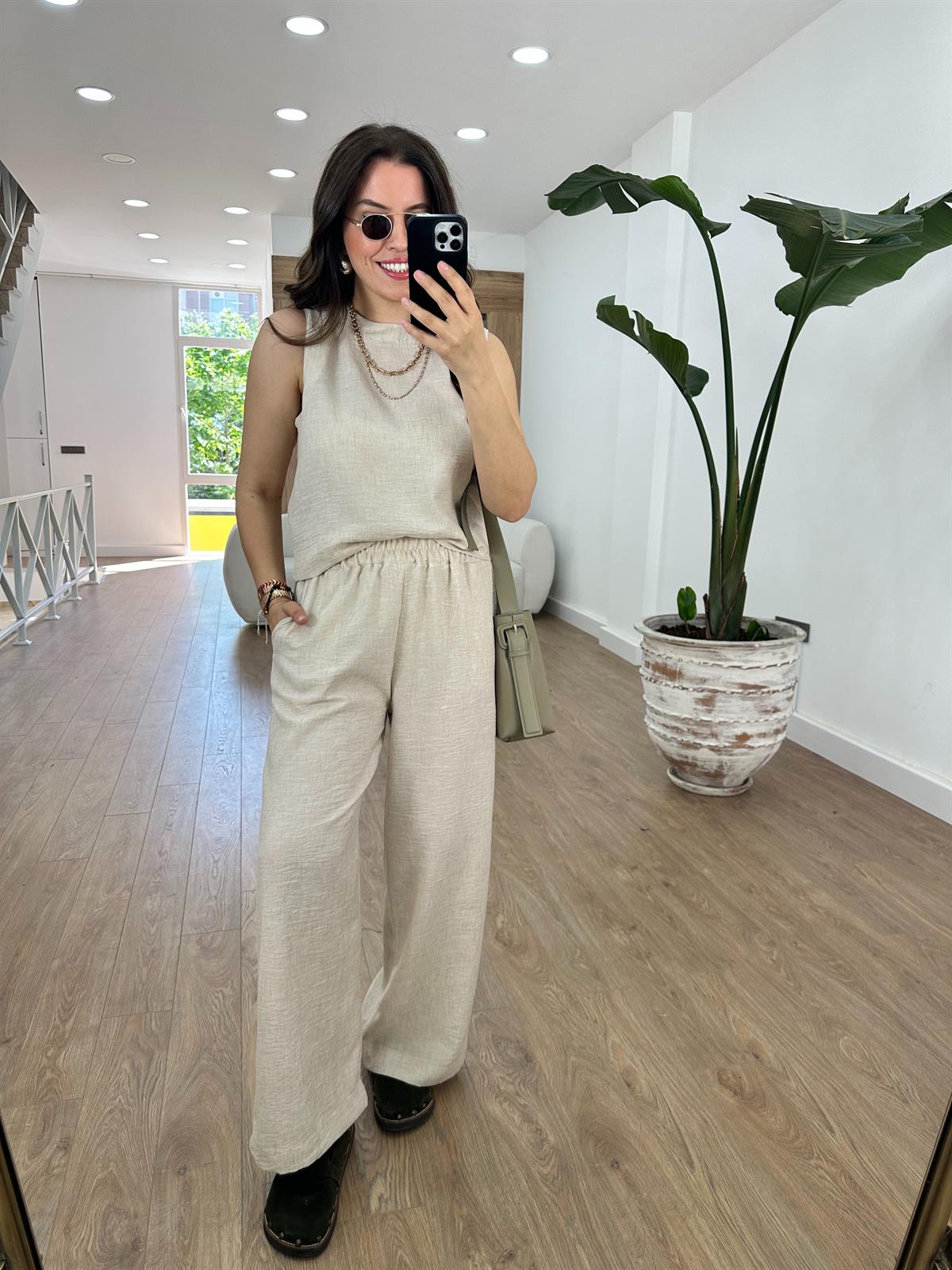 Palazzo Pantolonlu Keten Takım-Taş