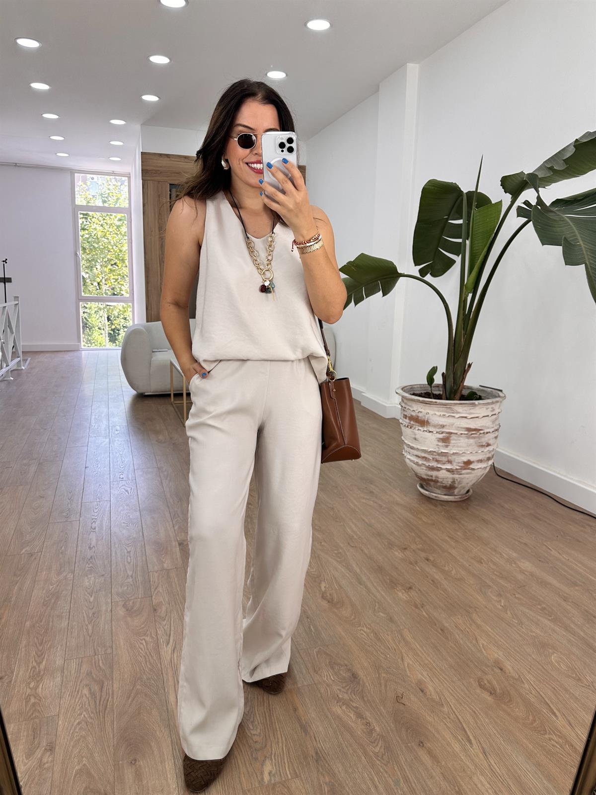 Palazzo Pantolonlu Tiril Takım - Bej