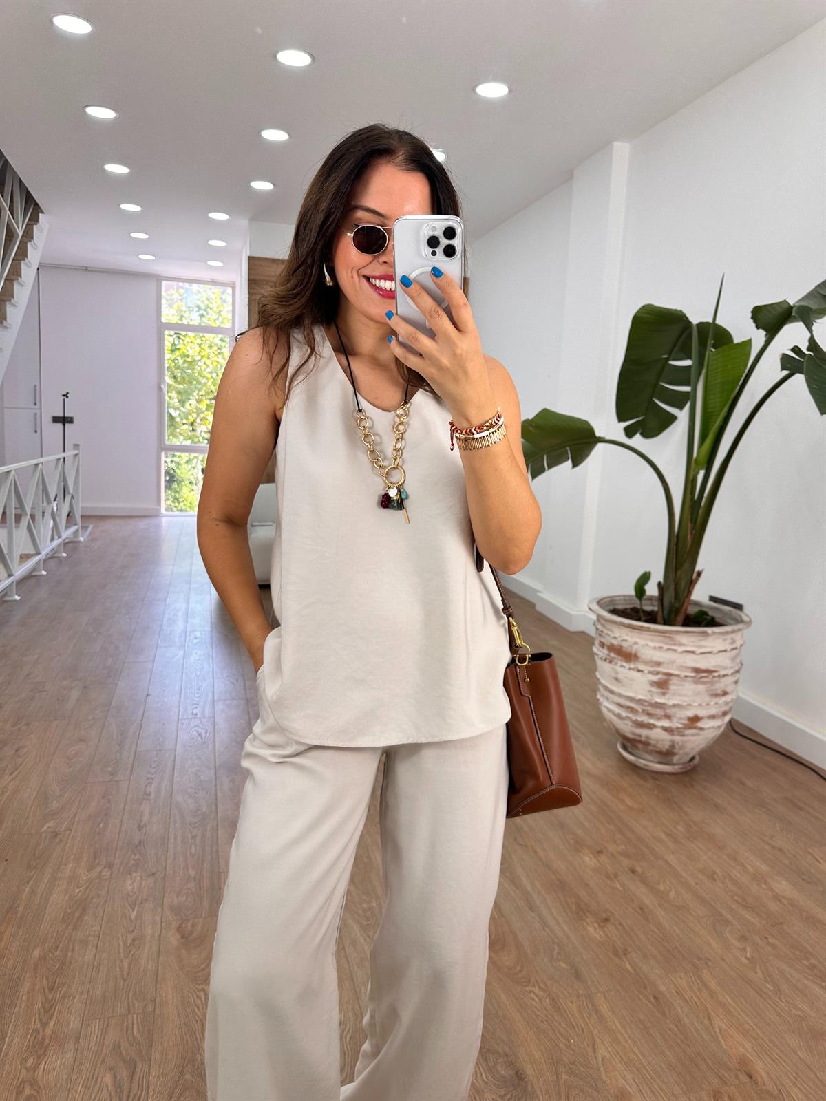 Palazzo Pantolonlu Tiril Takım - Bej