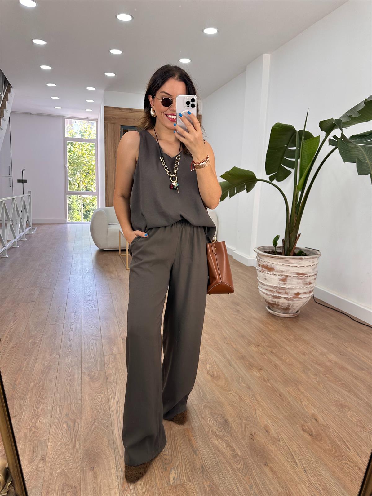 Palazzo Pantolonlu Tiril Takım - Kahverengi