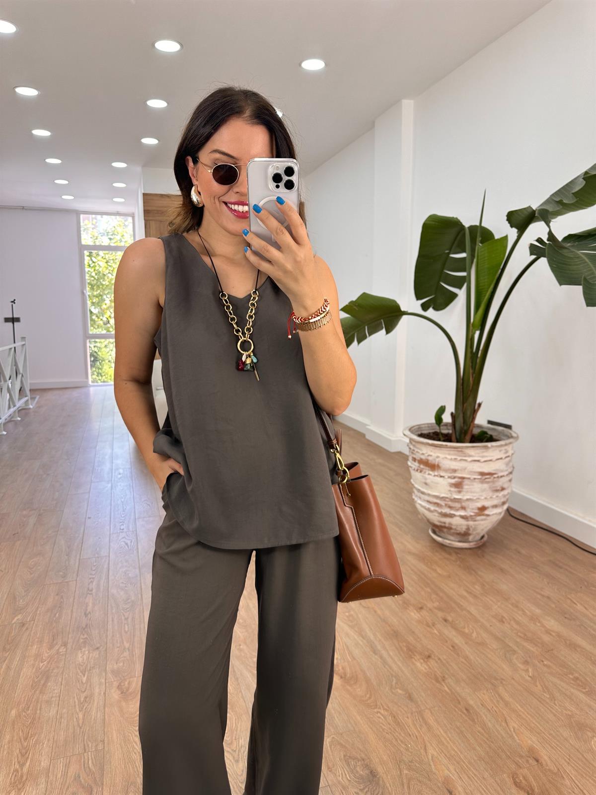 Palazzo Pantolonlu Tiril Takım - Kahverengi