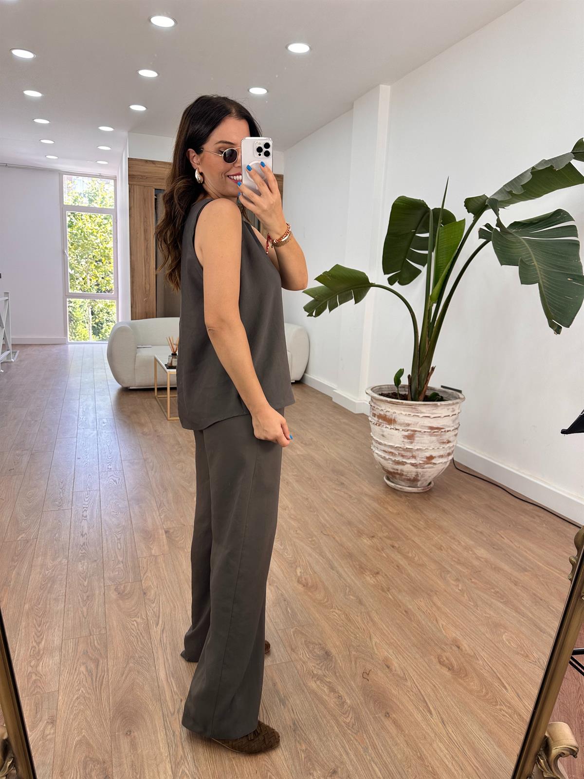 Palazzo Pantolonlu Tiril Takım - Kahverengi