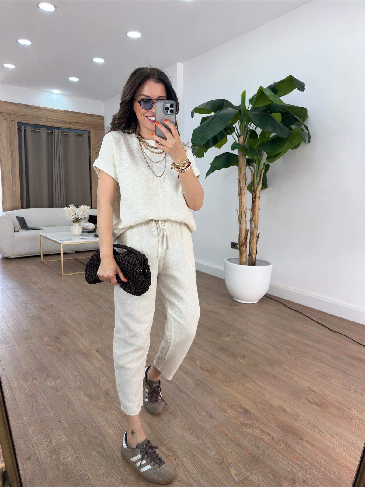 Pamuk Keten Kısa Kollu Salaş Takım 