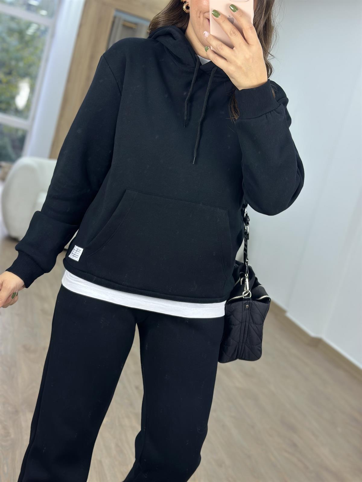 Pamuklu İçerisi Şardonlu Eşofman Takımı-Siyah