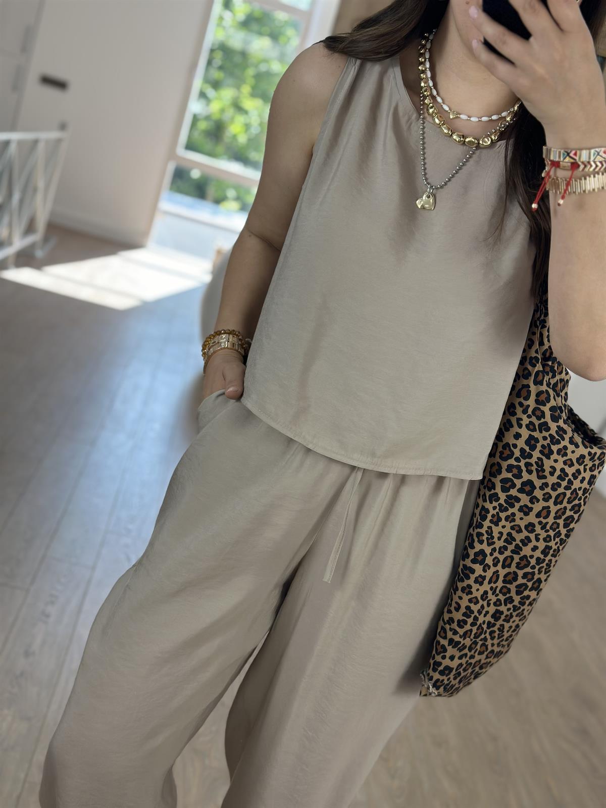 Pantolon Bluz Basic Tiril Takım-Bej