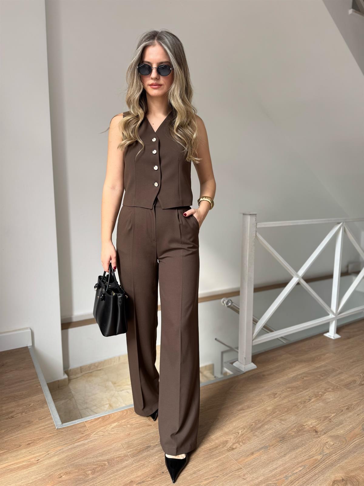 Papatya Taşlı Yelekli Takım - Kahverengi