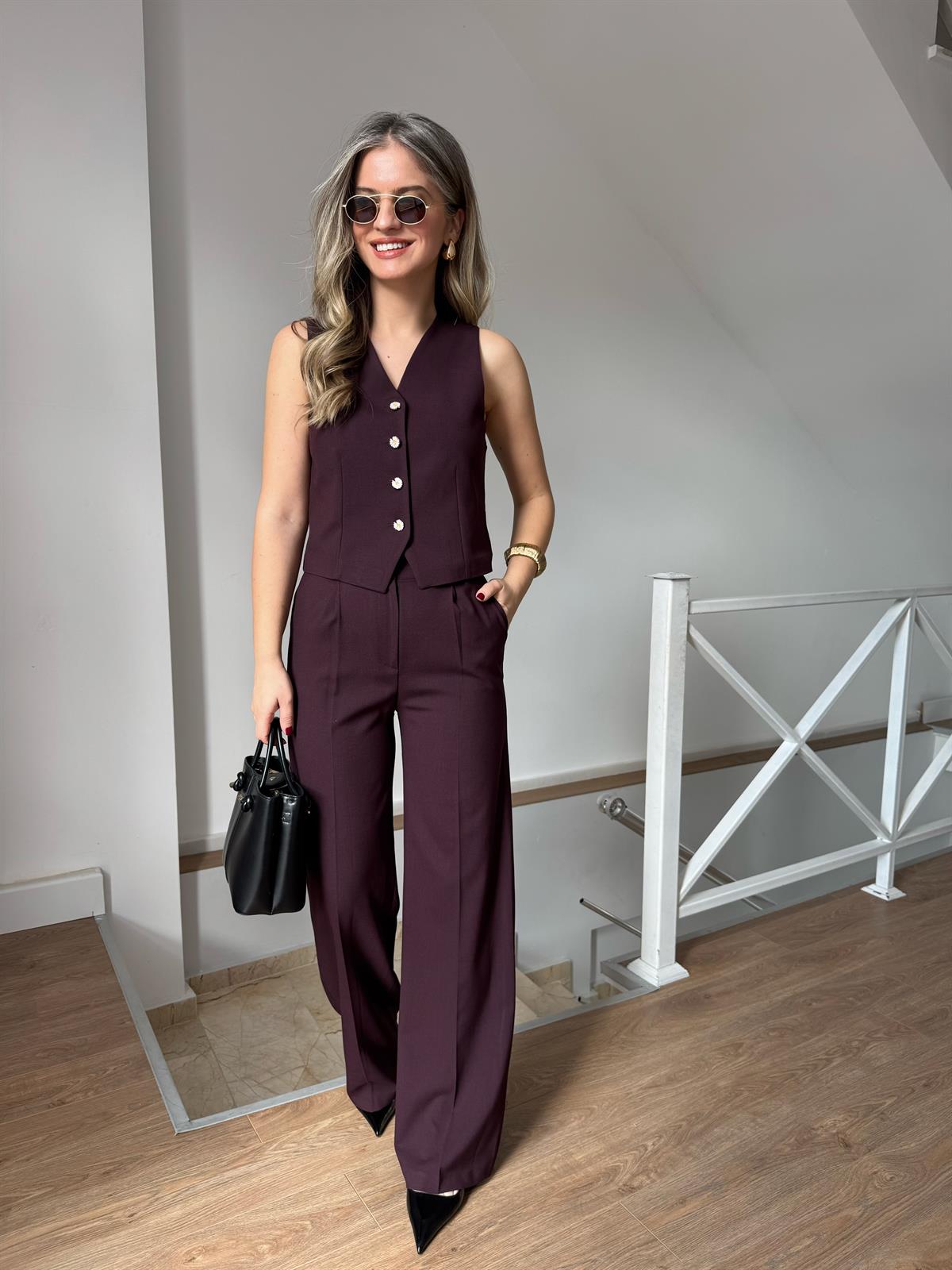 Papatya Taşlı Yelekli Takım - Mürdüm