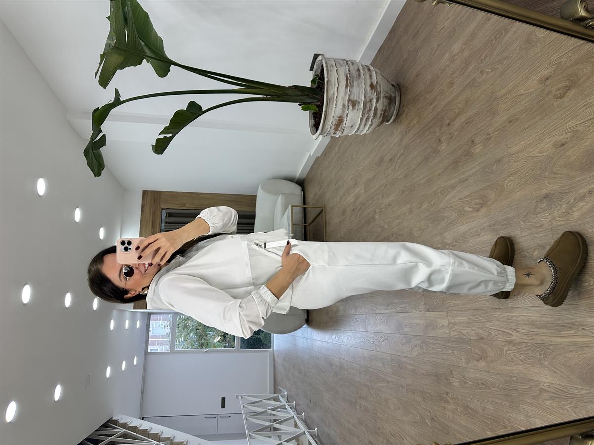 Paraşüt Kumaş Detaylı Eşofman Takımı-Beyaz