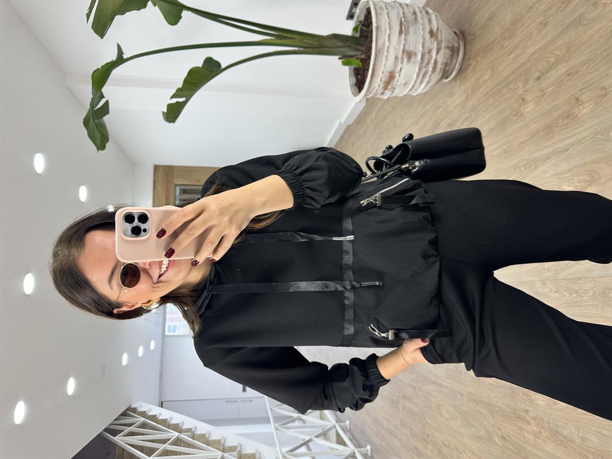 Paraşüt Kumaş Detaylı Eşofman Takımı-Siyah