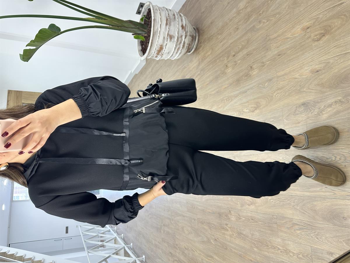 Paraşüt Kumaş Detaylı Eşofman Takımı-Siyah