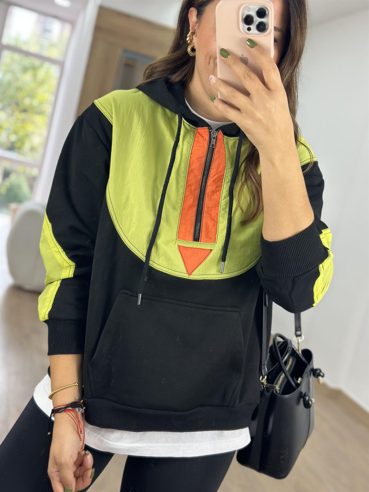 Paraşüt Kumaş Detaylı İçerisi Şardonlu Sweat-Neon Yeşil