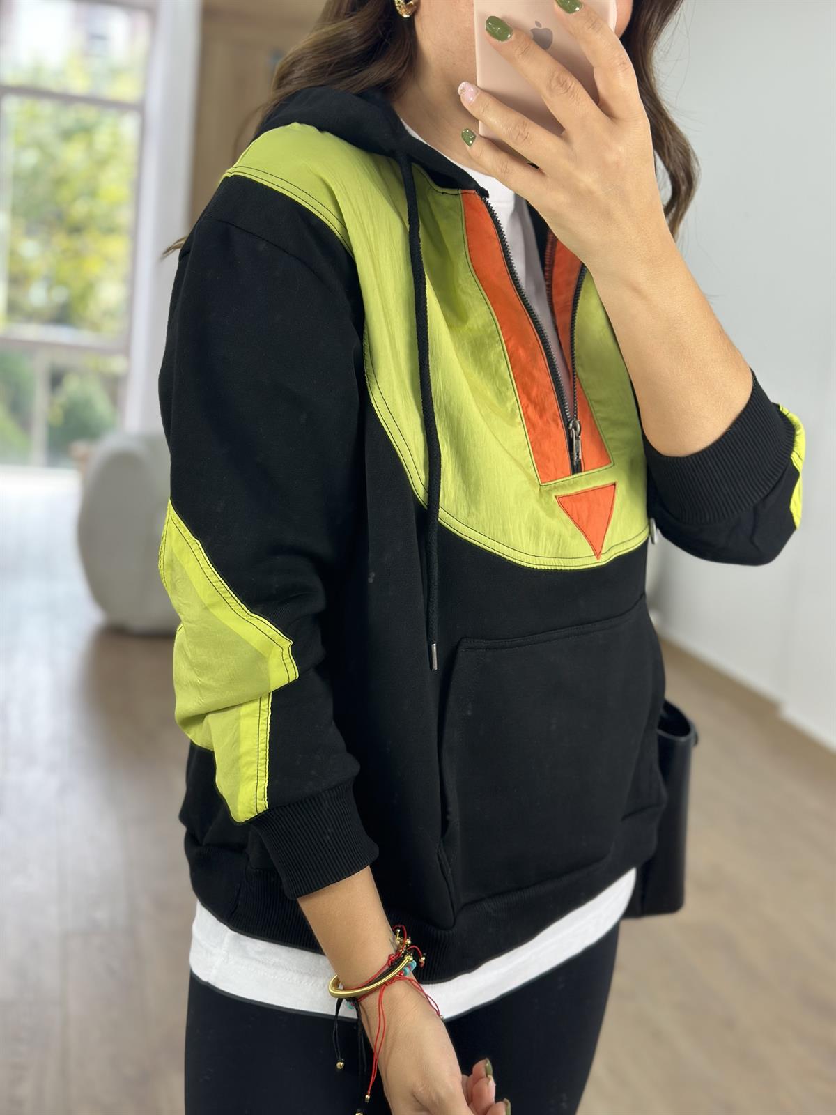 Paraşüt Kumaş Detaylı İçerisi Şardonlu Sweat-Neon Yeşil