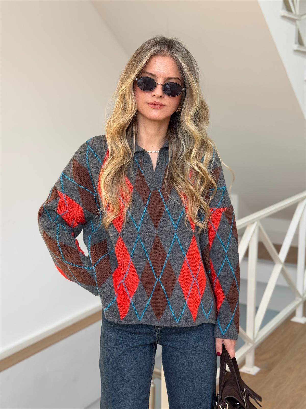 Patlı Baklava Desenli Kazak