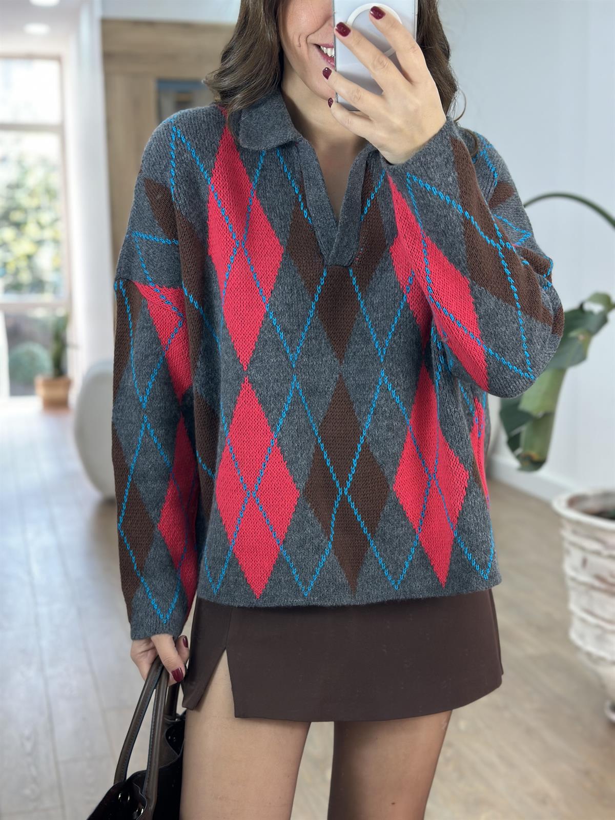 Patlı Baklava Desenli Kazak - Pembe