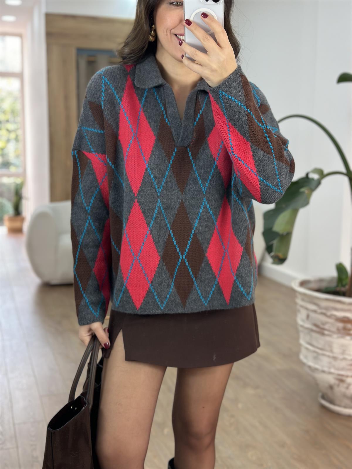 Patlı Baklava Desenli Kazak - Pembe