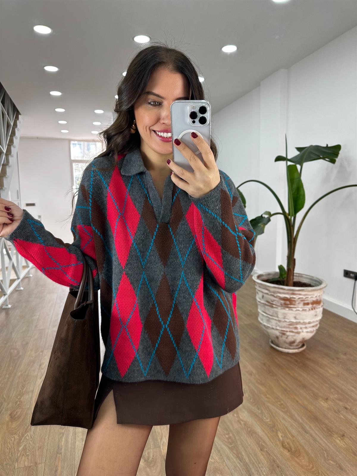 Patlı Baklava Desenli Kazak - Pembe