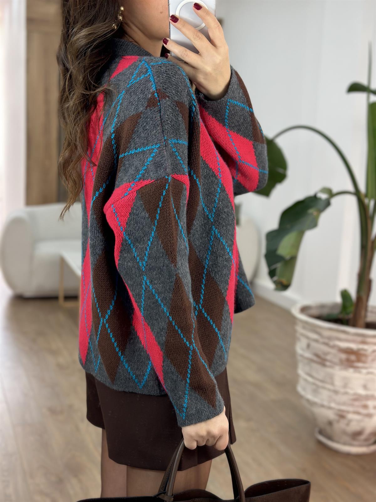 Patlı Baklava Desenli Kazak - Pembe