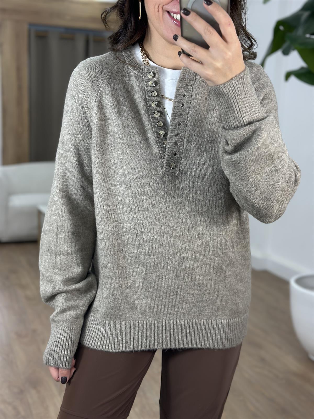 Patlı Düğmeli Kazak - Açık Vizon