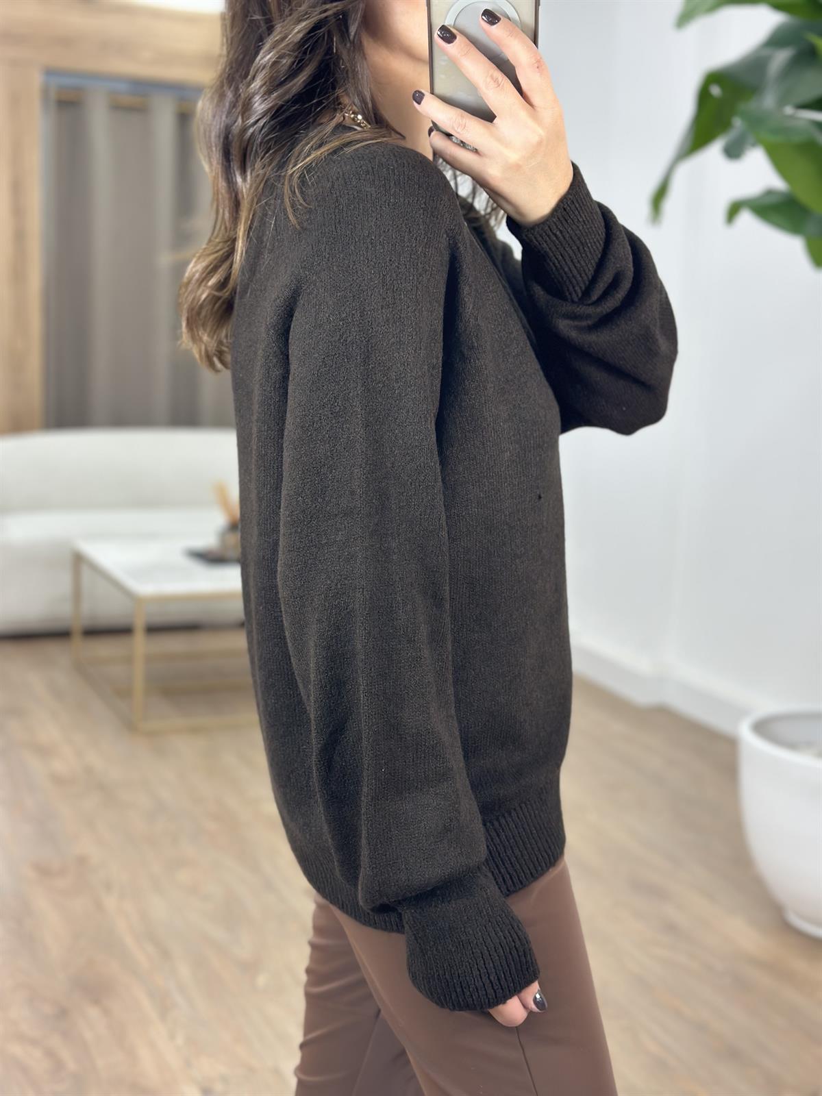 Patlı Düğmeli Kazak - Koyu Kahve