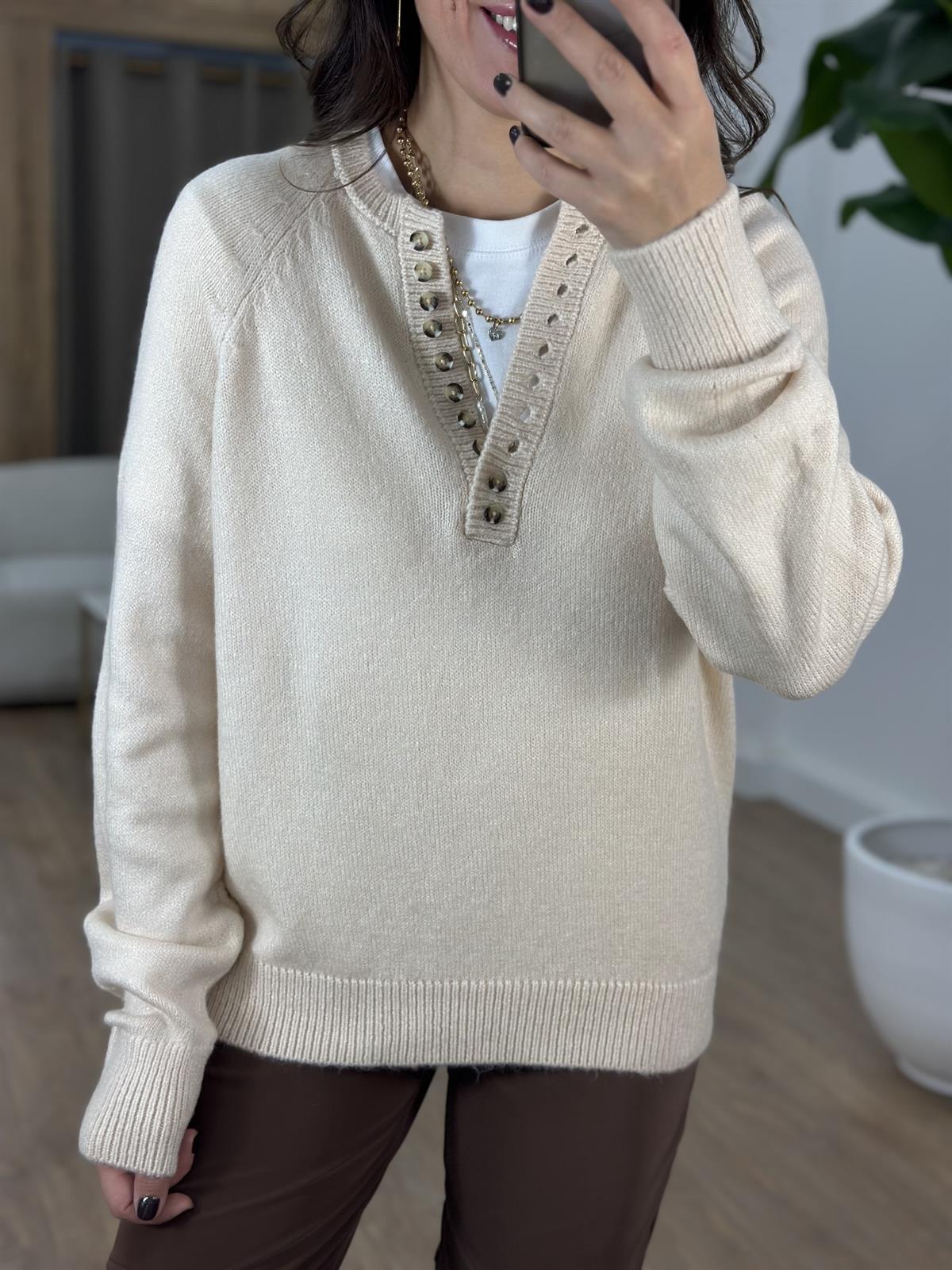 Patlı Düğmeli Kazak - Vanilya