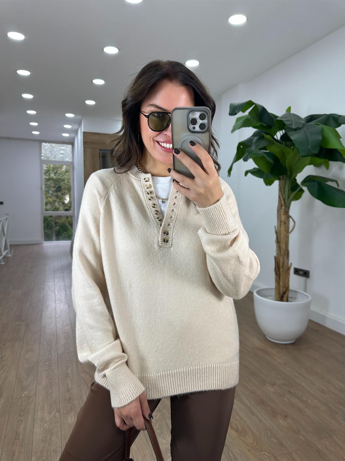 Patlı Düğmeli Kazak - Vanilya