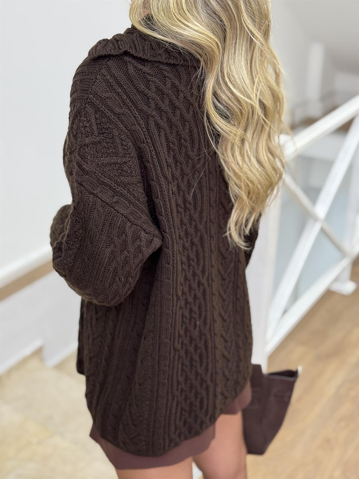 Patlı Saç Örgülü Kazak - Acı Kahve