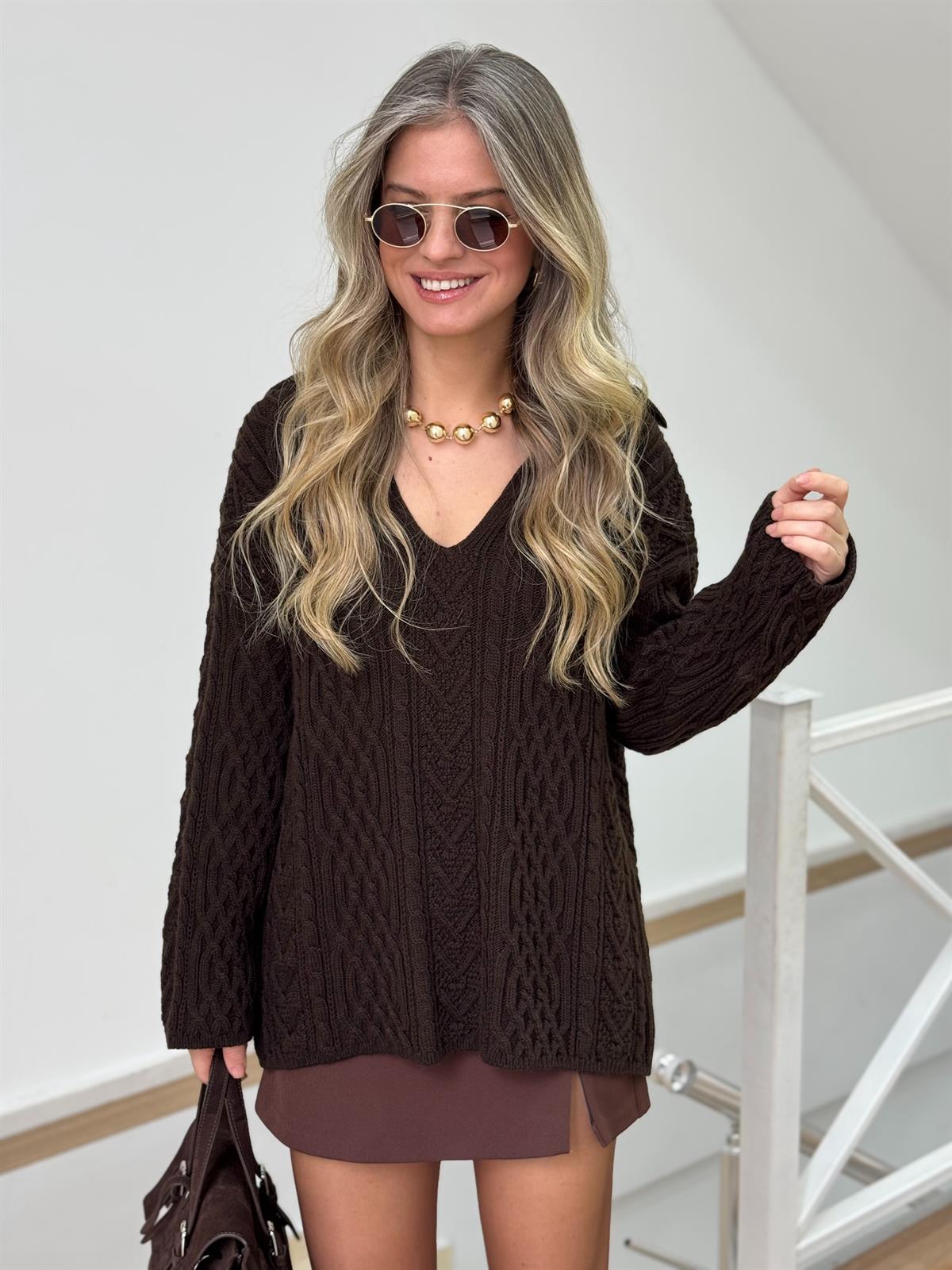 Patlı Saç Örgülü Kazak - Acı Kahve