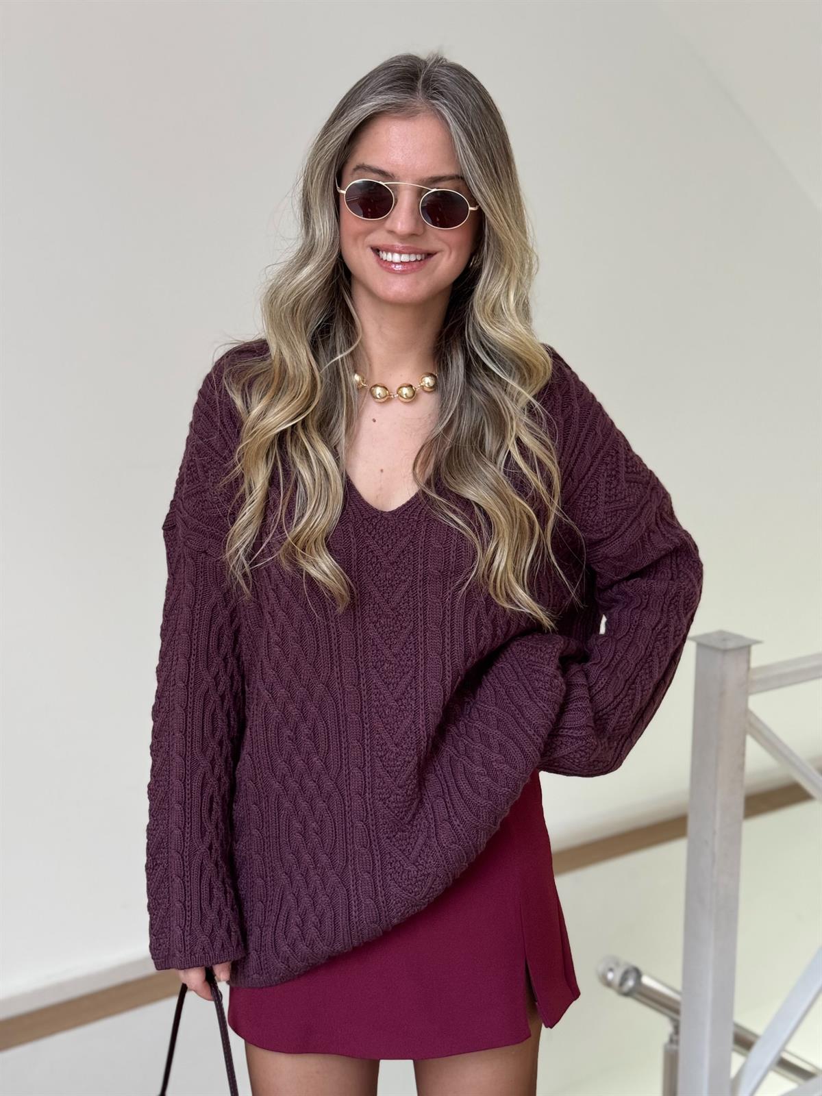 Patlı Saç Örgülü Kazak - Bordo