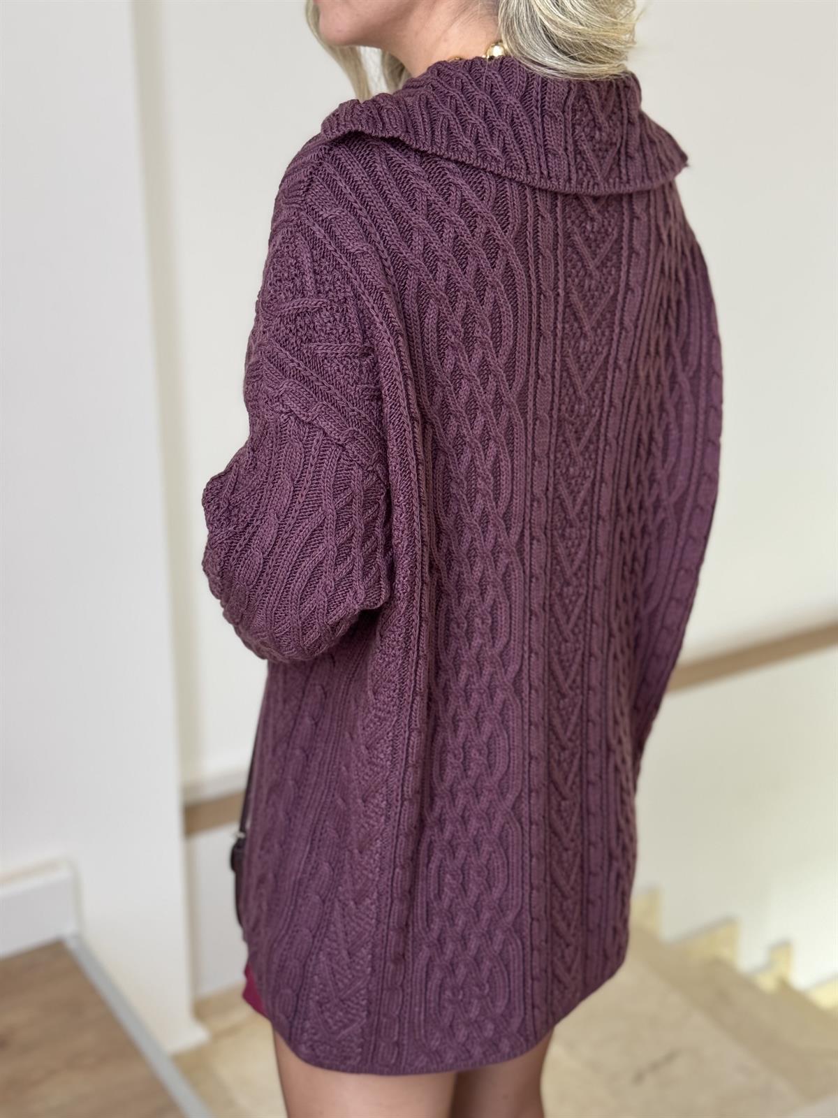 Patlı Saç Örgülü Kazak - Bordo