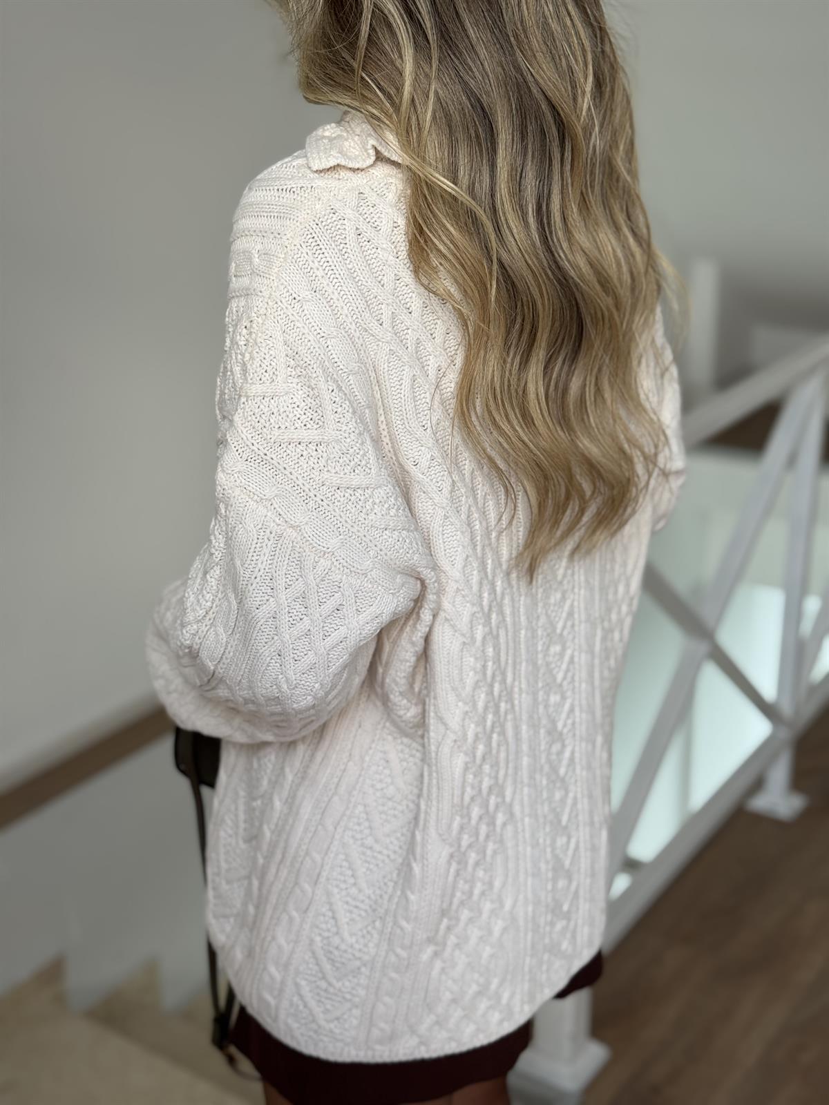 Patlı Saç Örgülü Kazak - Ekru