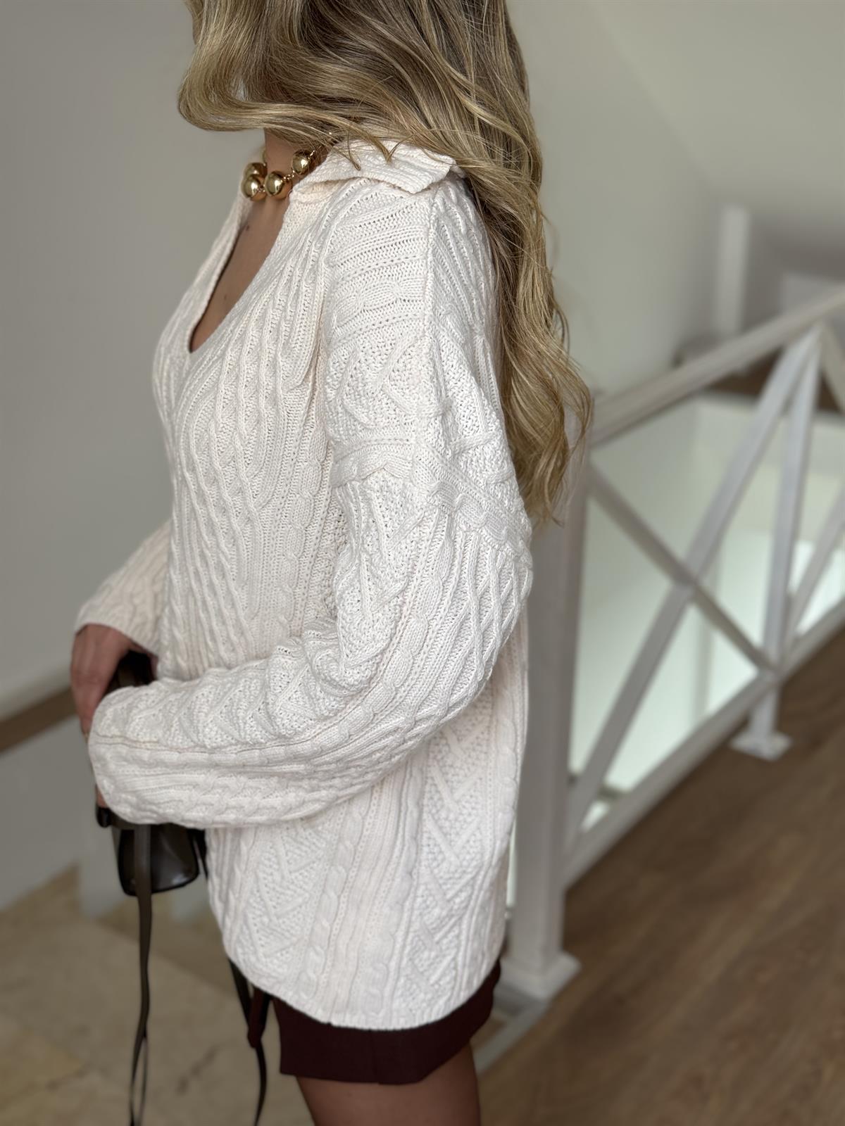 Patlı Saç Örgülü Kazak - Ekru