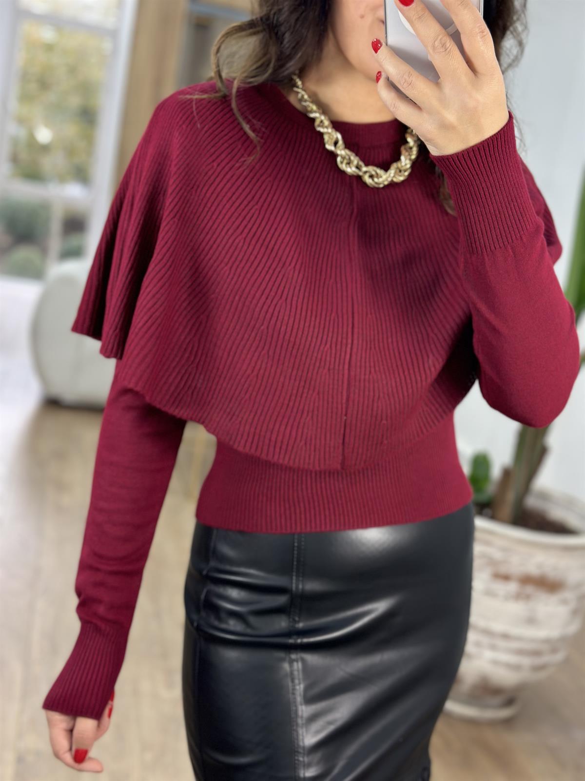 Pelerinli Triko Kazak - Bordo