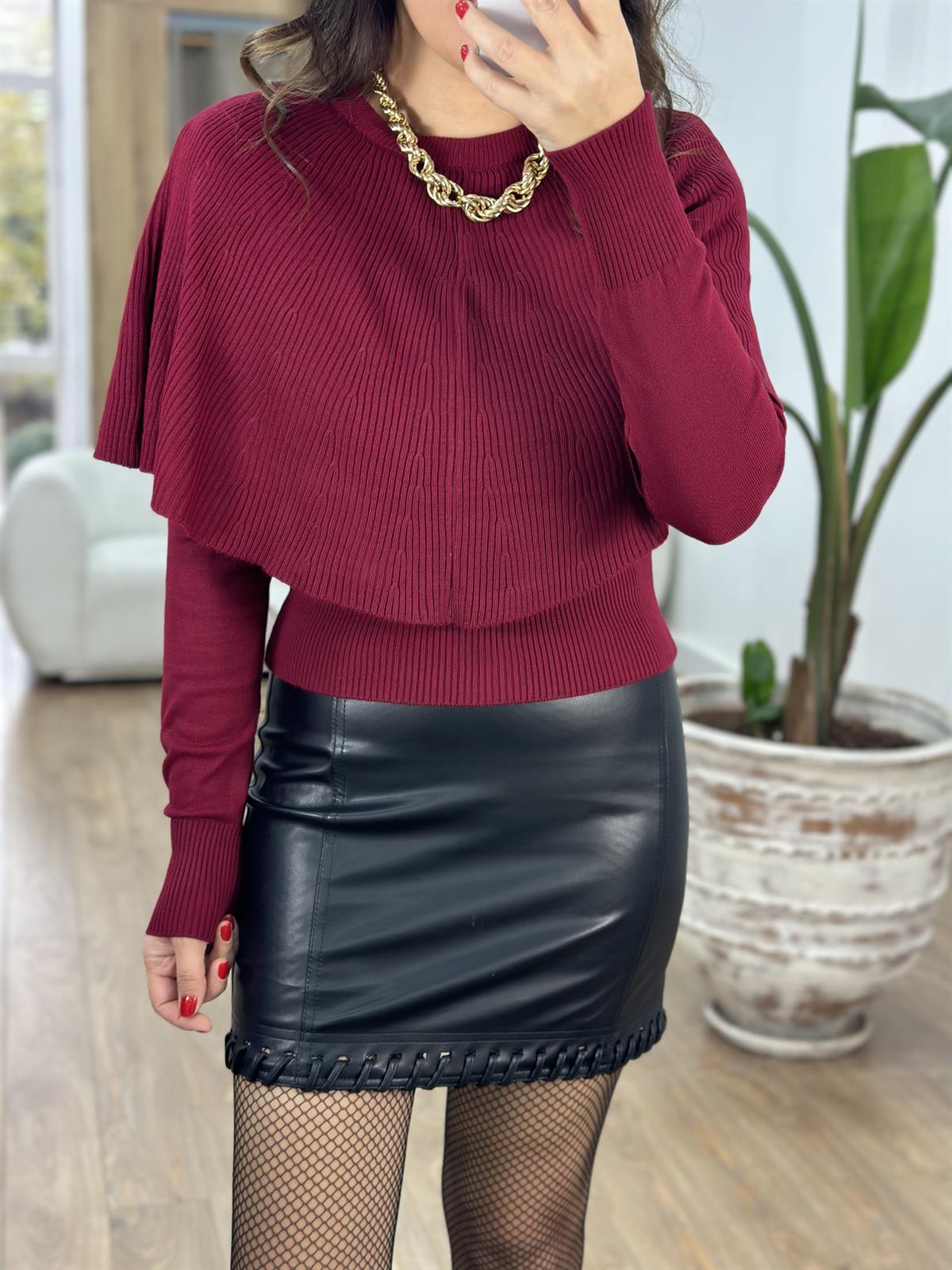 Pelerinli Triko Kazak - Bordo