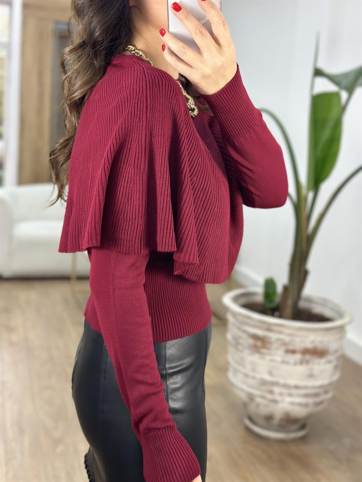 Pelerinli Triko Kazak - Bordo