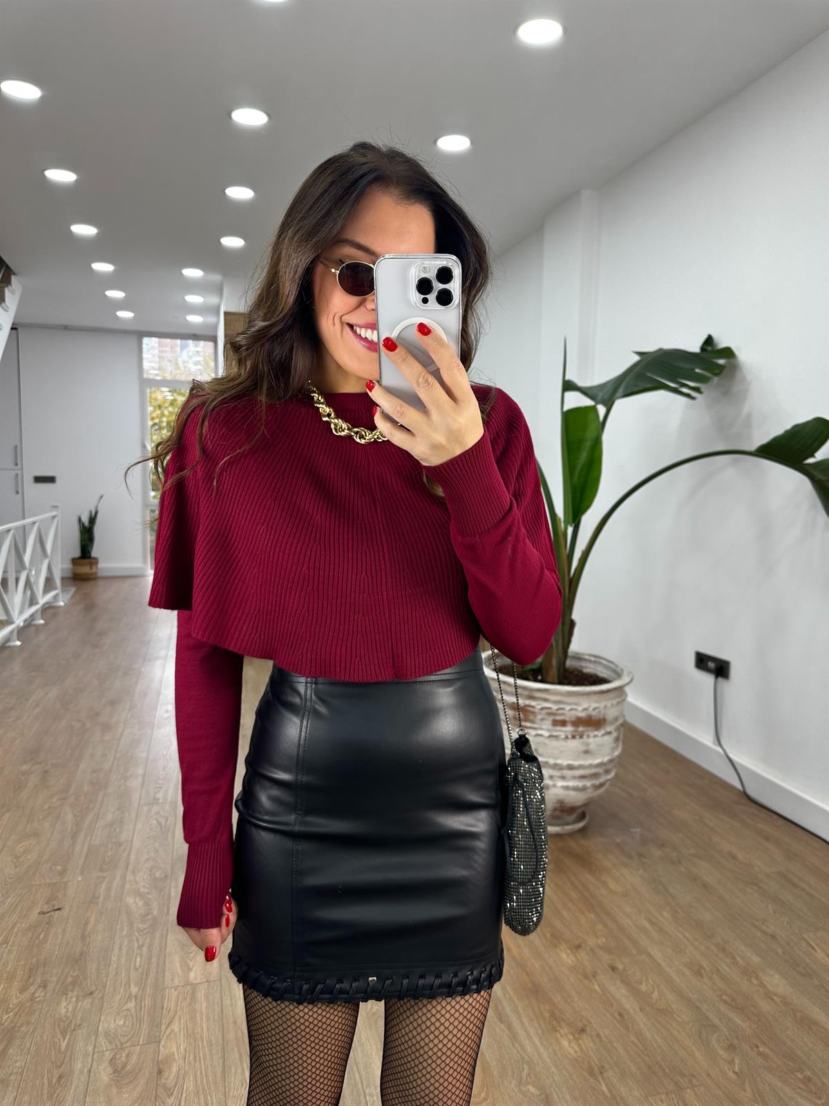 Pelerinli Triko Kazak - Bordo