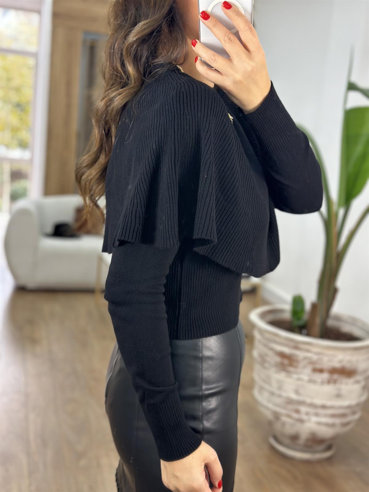 Pelerinli Triko Kazak - Siyah