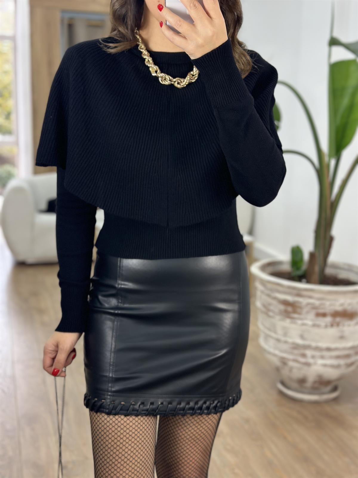 Pelerinli Triko Kazak - Siyah