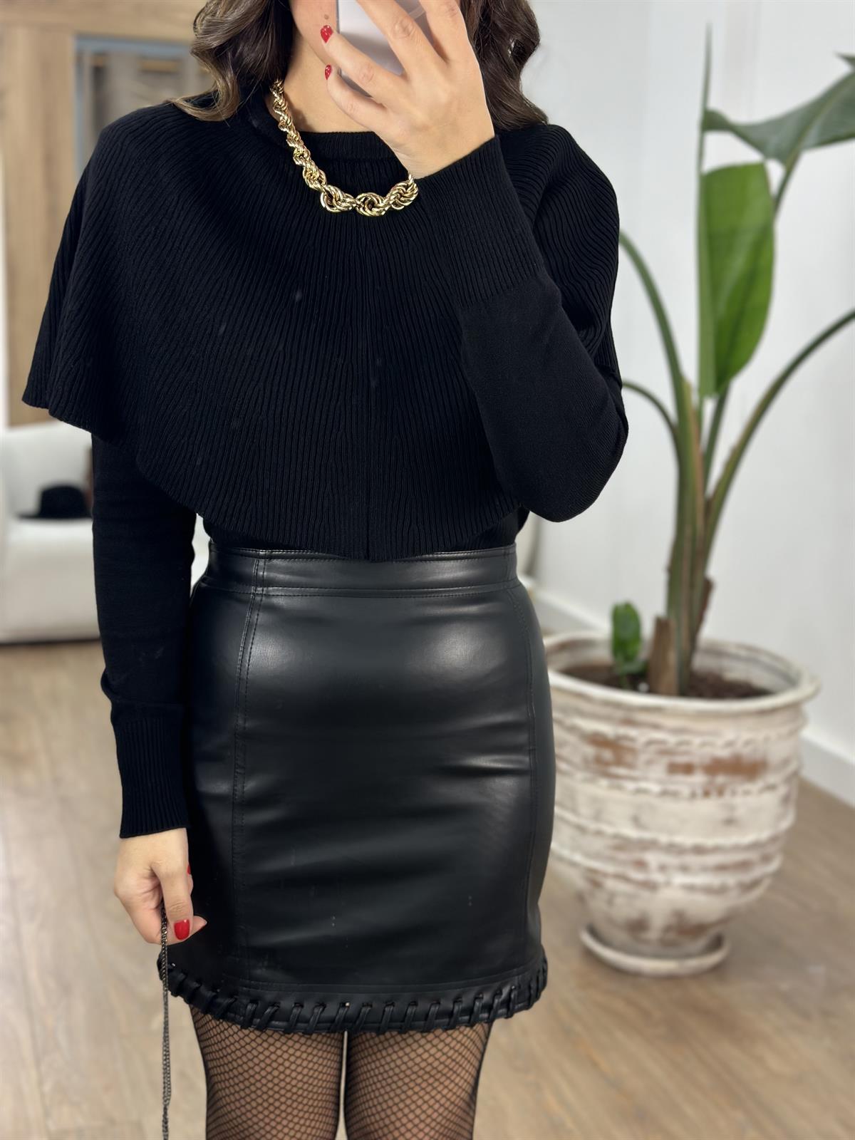 Pelerinli Triko Kazak - Siyah