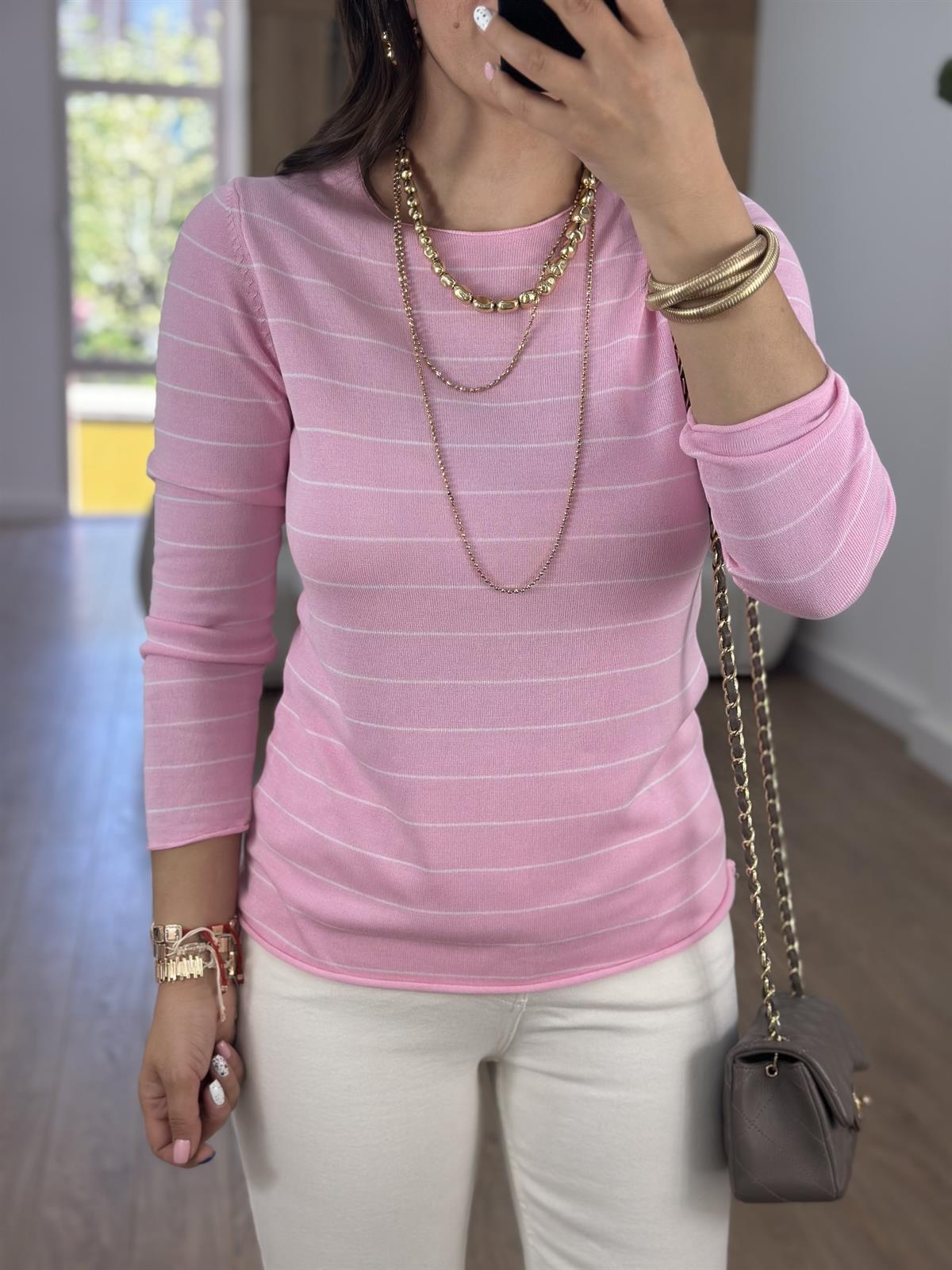 Pembe Üzeri Beyaz Çizgili İnce Merserize Triko