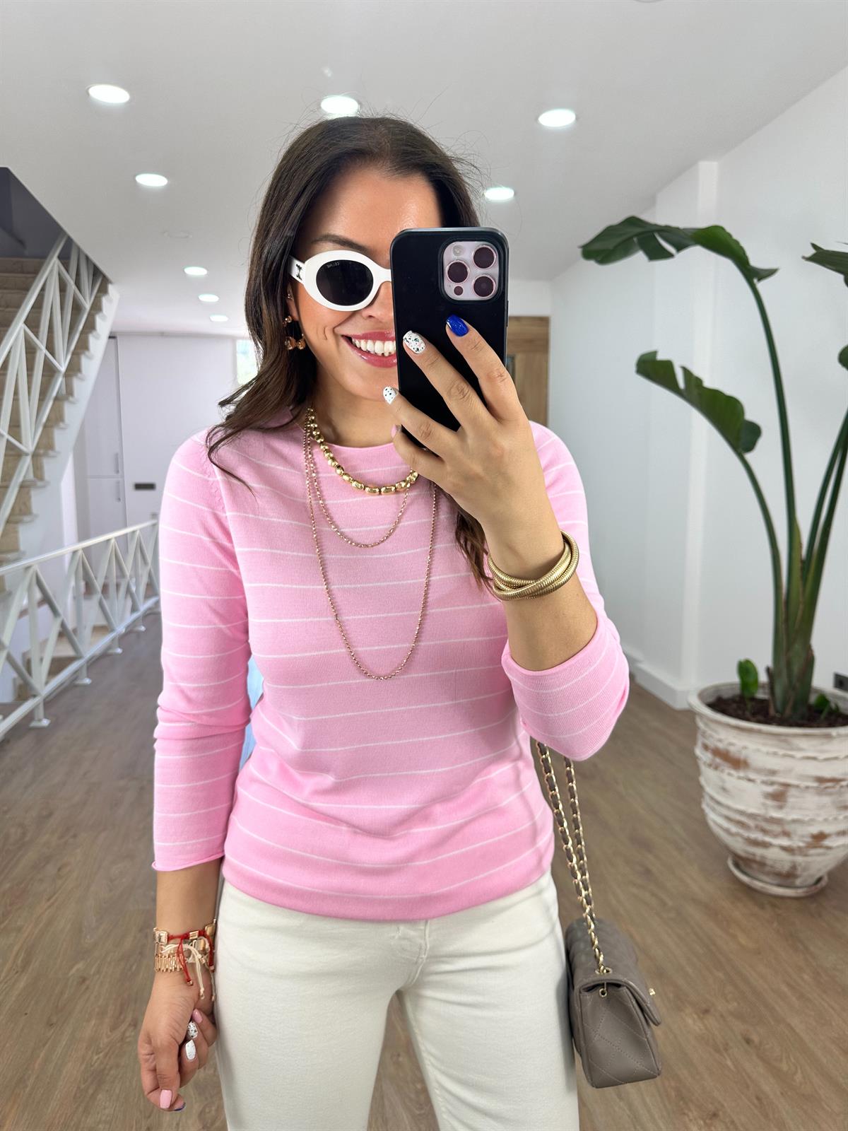 Pembe Üzeri Beyaz Çizgili İnce Merserize Triko