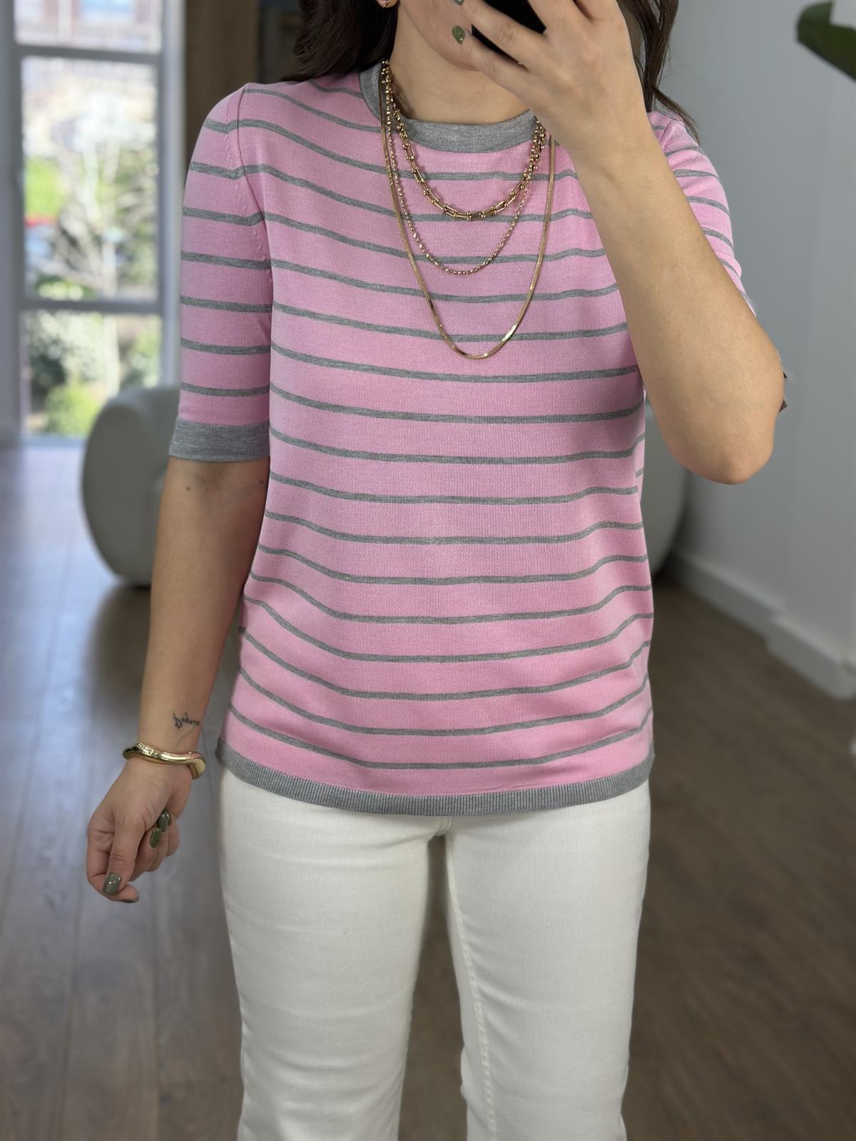 Pembe Üzeri Gri Çizgili Merserize Triko
